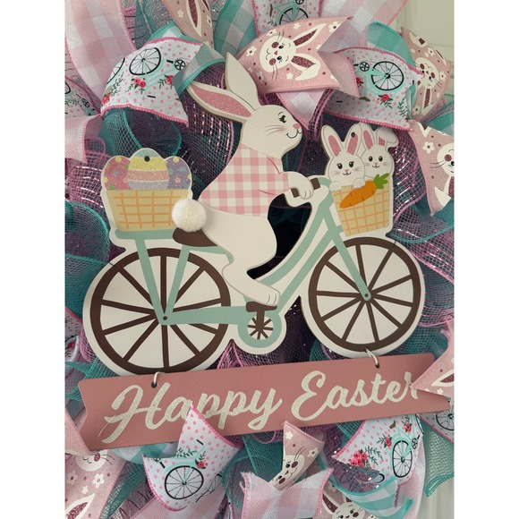 Happy Easter Bunny Rabbit Bicycle Deco Mesh Ribbon Spring Wreath Door Hanger - Picture 2 of 9